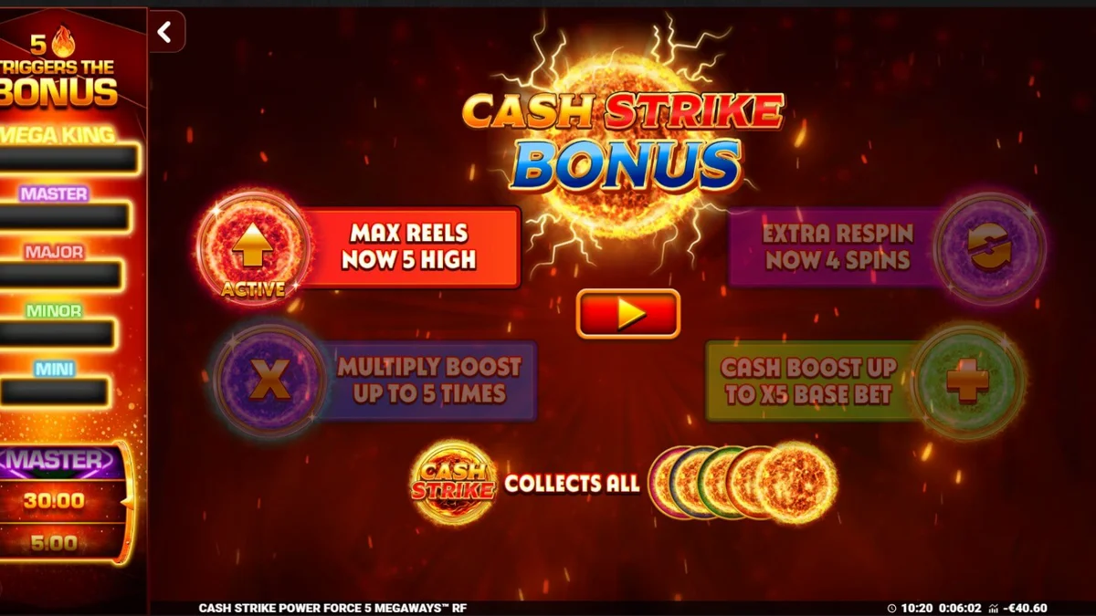 Interface do jogo Cash Strike Power Force 5 Megaways com símbolos clássicos de frutas e painéis de bônus.