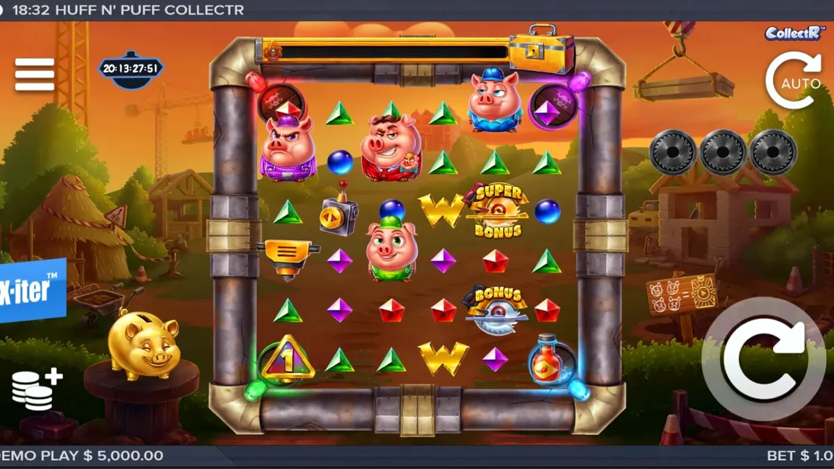 Interface do jogo Huff n Puff CollectR com porquinhos e elementos de construção
