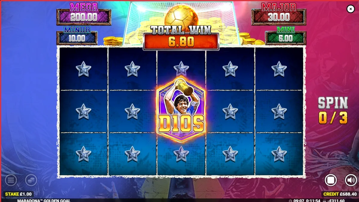 Interface do jogo de slot Maradona Golden Goal com elementos de futebol